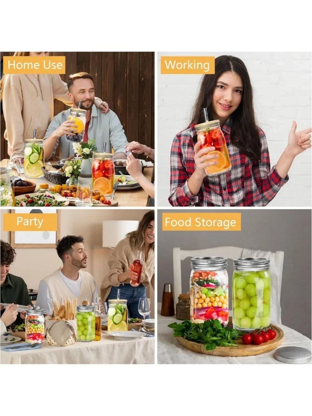 4-Pack Vintage Mason Jars 32oz with Bamboo Lids | Wide Mouth Glass Cups for Iced